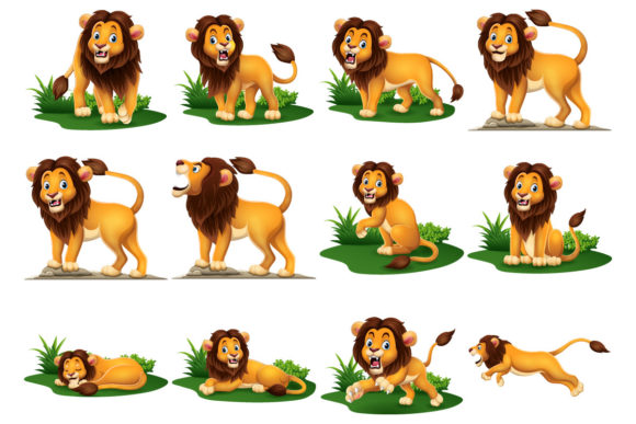 Twelve Cartoon Lions Graphics for Branding and Marketing